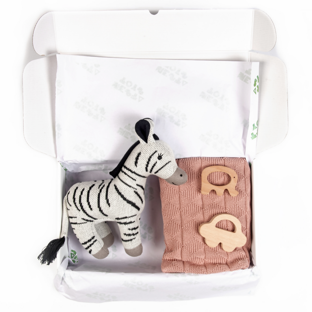Nesta Toys Newborn Gift Set - Knitted Cotton Blanket, Zebra Plush Toy, Elephant & Car Teether | Grocsy
