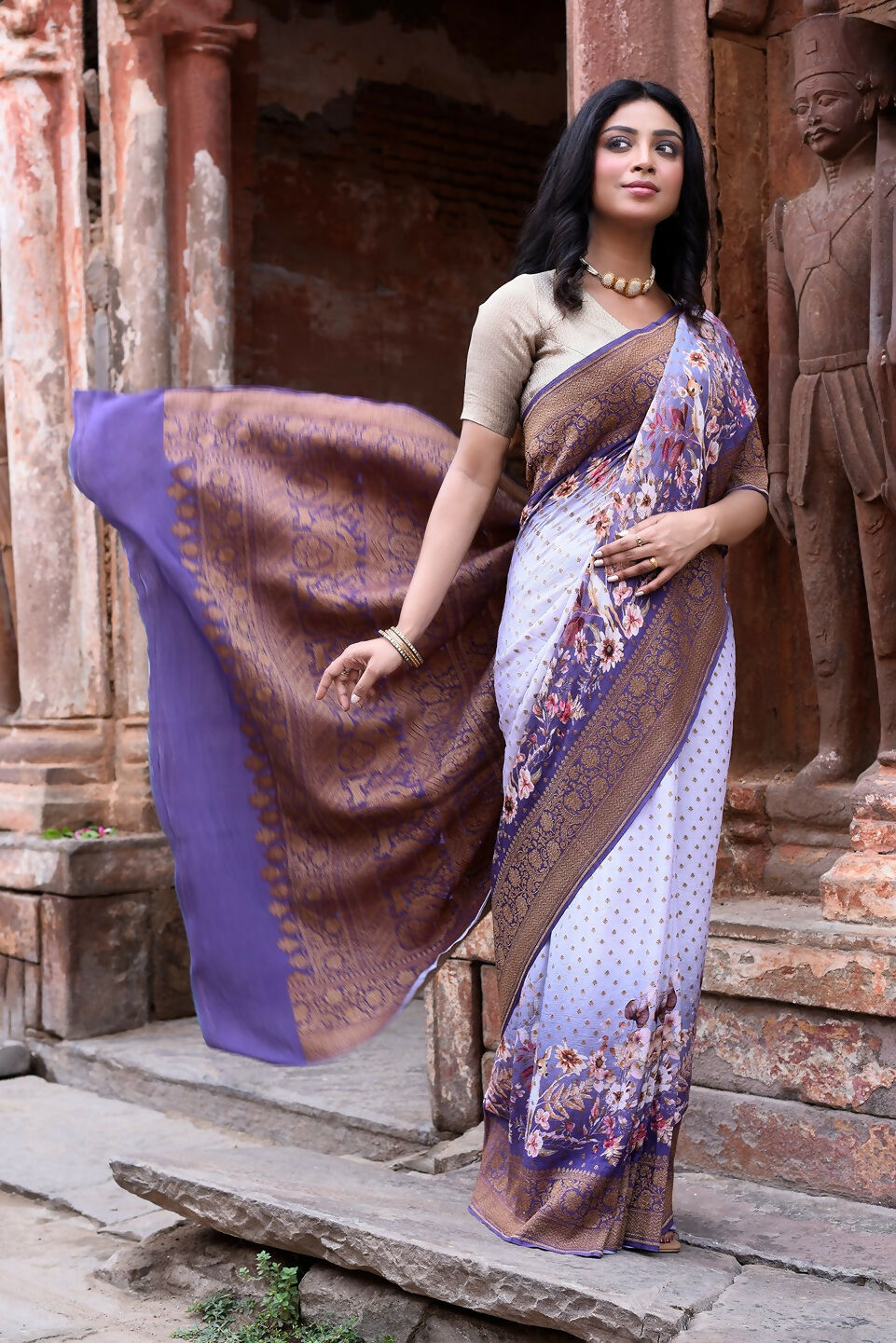 Joban Fashion Shade Of Orchid Crepe Chiffon Pure Handloom Banarasi Silk Saree | Grocsy