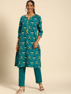 All About You Women Teal Blue Floral Printed Regular Pure Cotton Kurta with Trousers | Grocsy