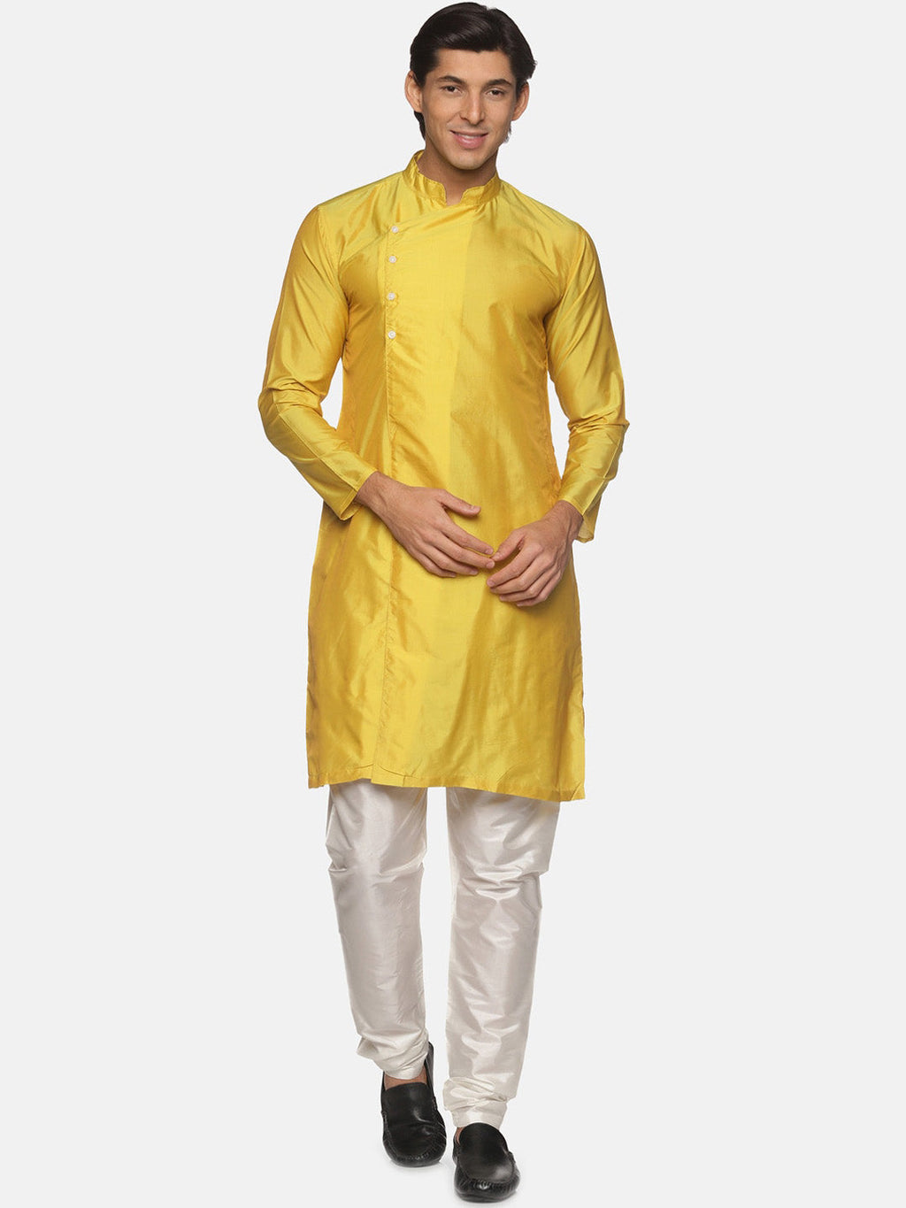 Sethukrishna Men Yellow Angrakha Kurta with Pyjamas | Grocsy