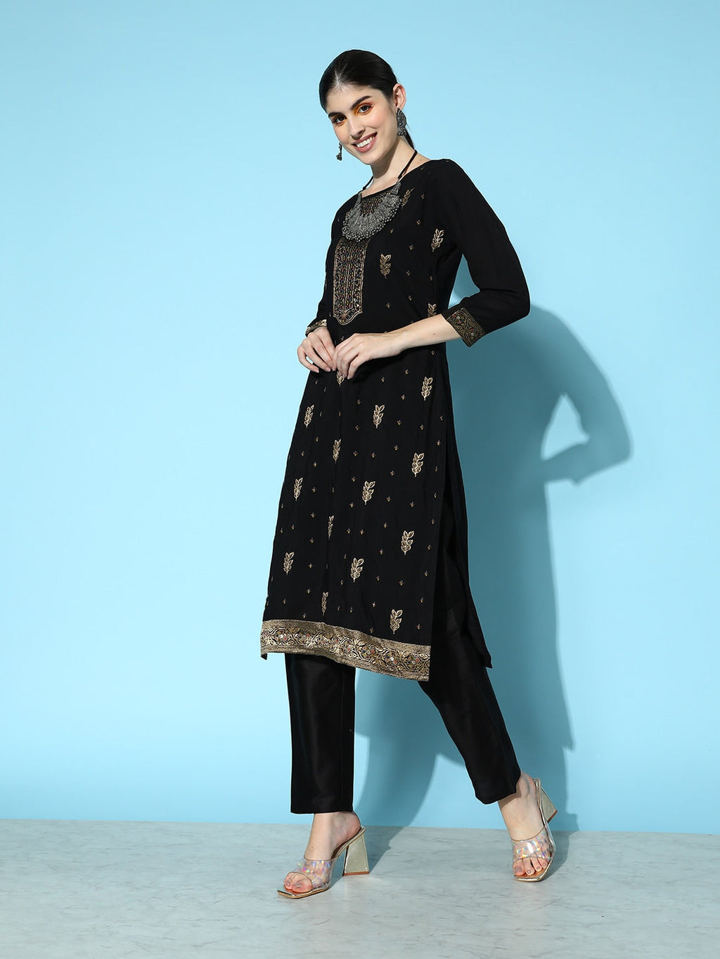 Sangria Floral Yoke Design Jacquard Kurta with Trousers & With Dupatta | Grocsy