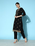 Sangria Floral Yoke Design Jacquard Kurta with Trousers & With Dupatta | Grocsy