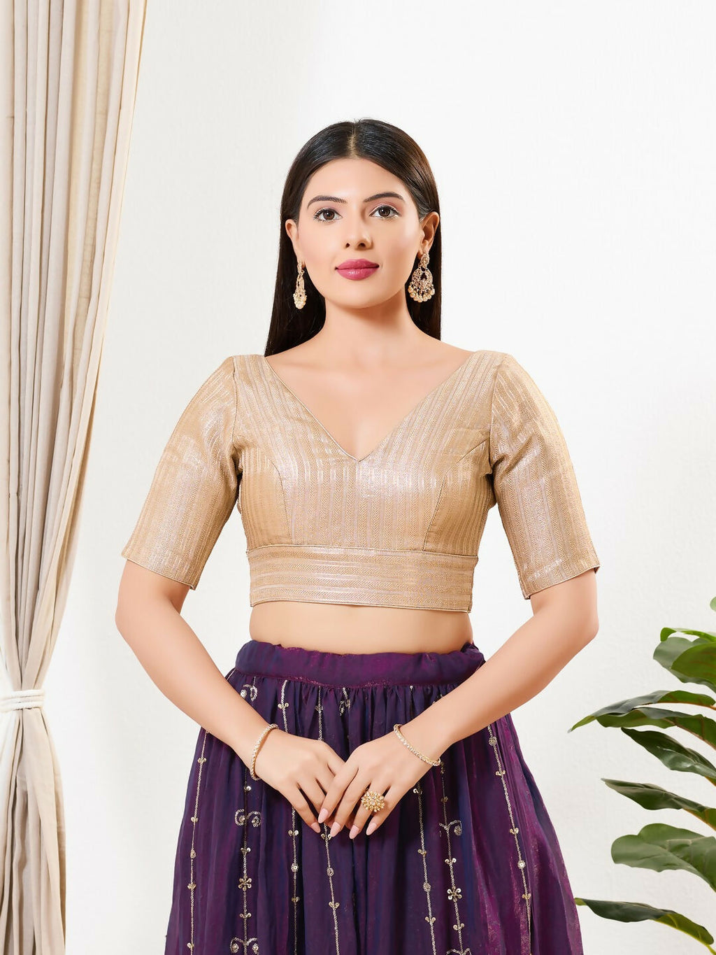 Joban Fashion Antique Gold Brocade Padded Blouse With V Neck Elbow Sleeves | Grocsy
