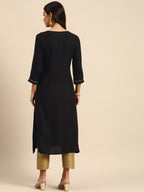 All About You Women Black Floral Yoke Design Embroidered Thread Work Straight Kurta | Grocsy