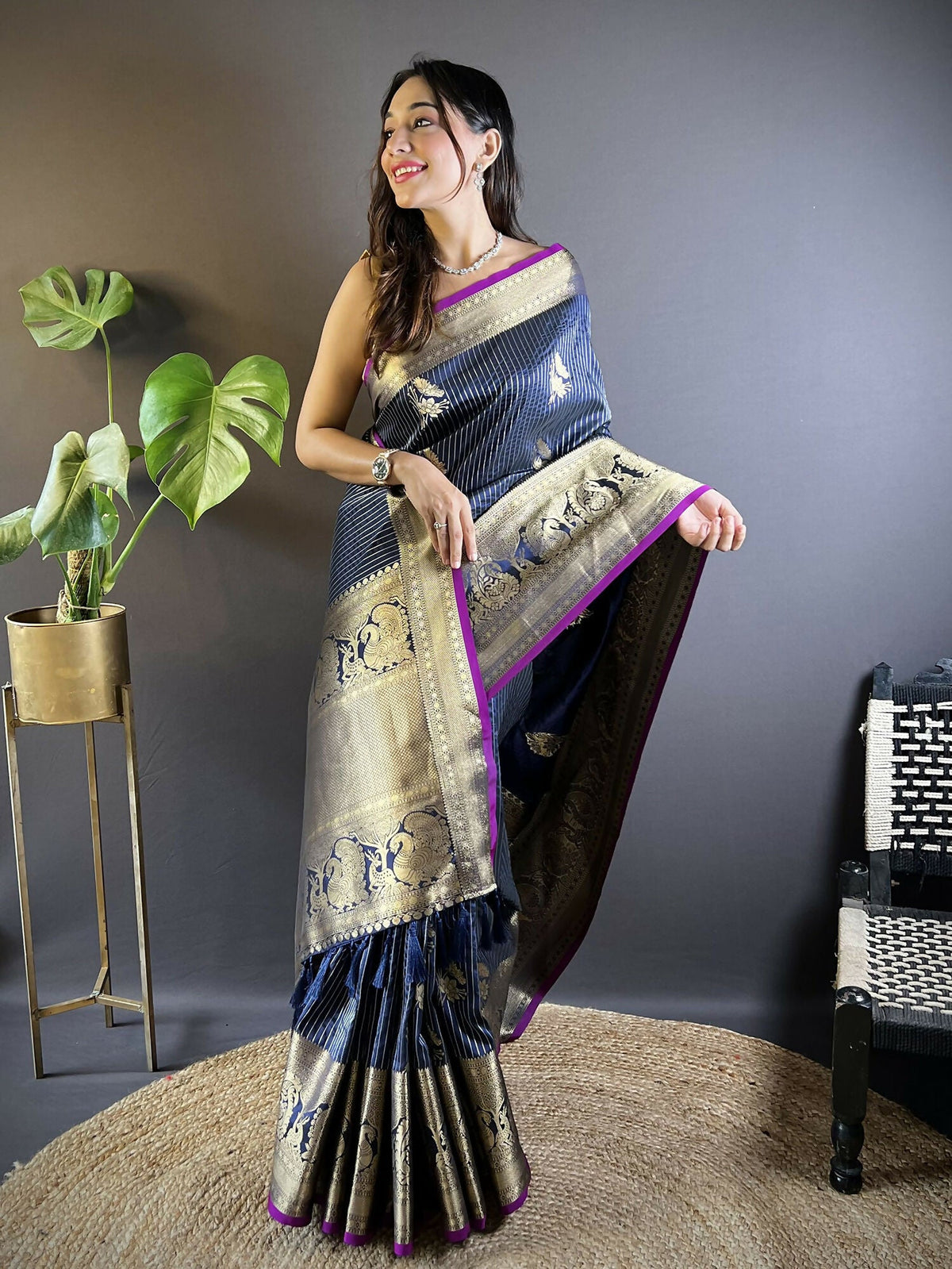 Joban Fashion Navy Blue Striped With Floral Motifs Soft Silk Leheriya Saree | Grocsy