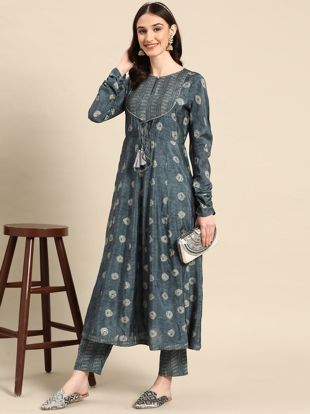 Sangria Women Ethnic Motifs Printed Empire Gotta Patti Kurta with Trousers | Grocsy