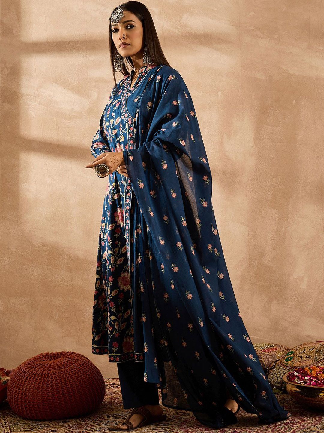 Indo Era Women Floral Printed Angrakha Beads and Stones Pure Cotton Kurta with Trousers & With Dupatta | Grocsy