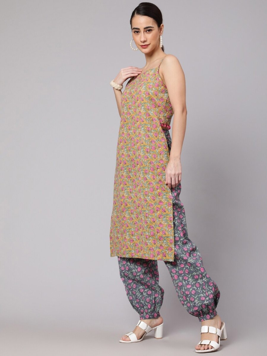 Aks Floral Printed Shoulder Straps Pure Cotton Kurta with Harem Pants | Grocsy