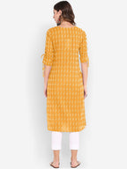 Janasya Women Yellow & Off-White Woven Design Straight Kurta | Grocsy