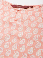Sangria Women Peach-Coloured & White Ethnic Printed Pure Cotton Kurta set | Grocsy