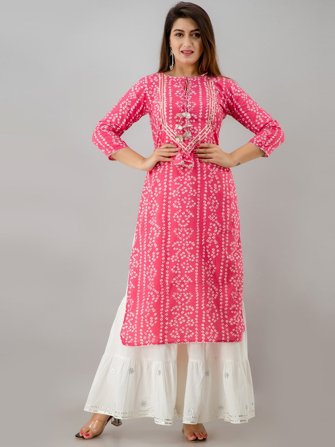 HERE&NOW Pink Bandhani Printed Gotta Patti Regular Kurta with Sharara | Grocsy