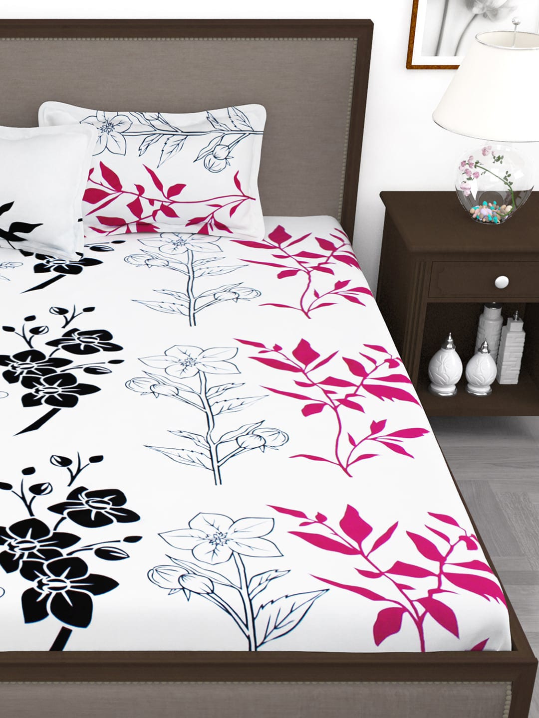 Story@home White & Pink Floral King Bedsheet with 2 Pillow Covers | Grocsy