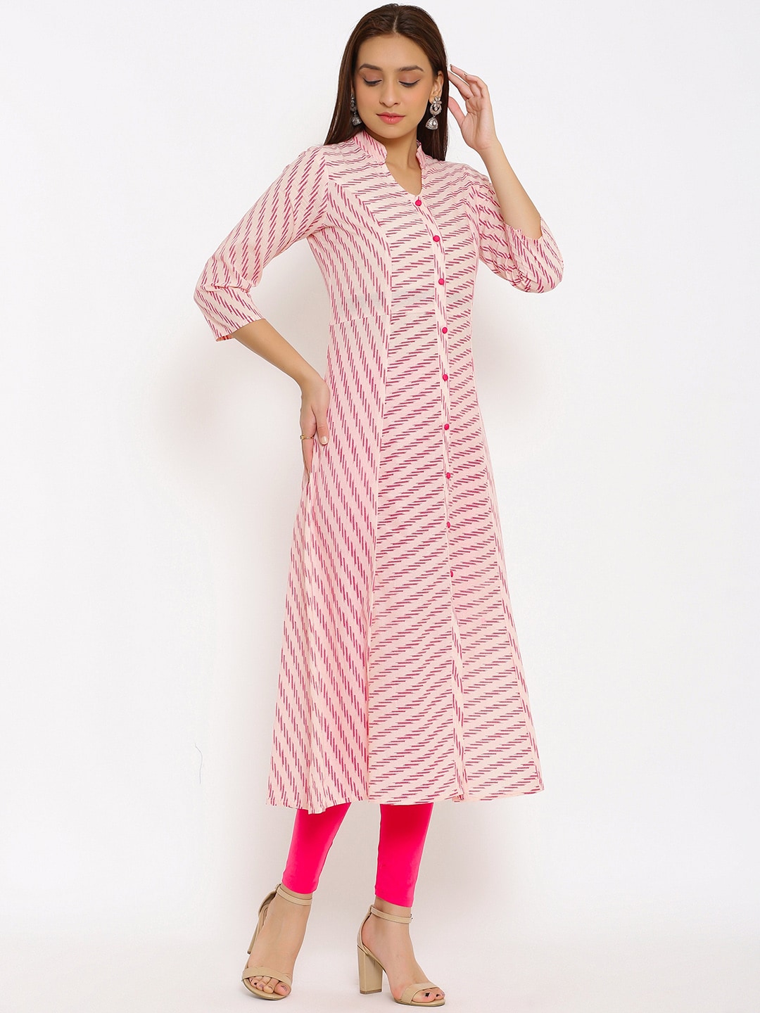 HERE&NOW Pink Mandarin Collar Striped A-Line Kurta | Grocsy