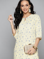 HERE&NOW Women Yellow & Grey Ethnic Motifs Printed Kurta with Trousers | Grocsy