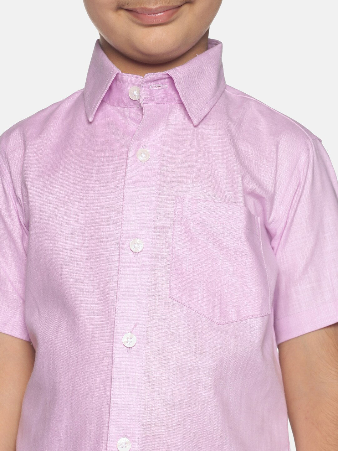 Sethukrishna Pink & White Solid Shirt and Veshti Set For Boys | Grocsy