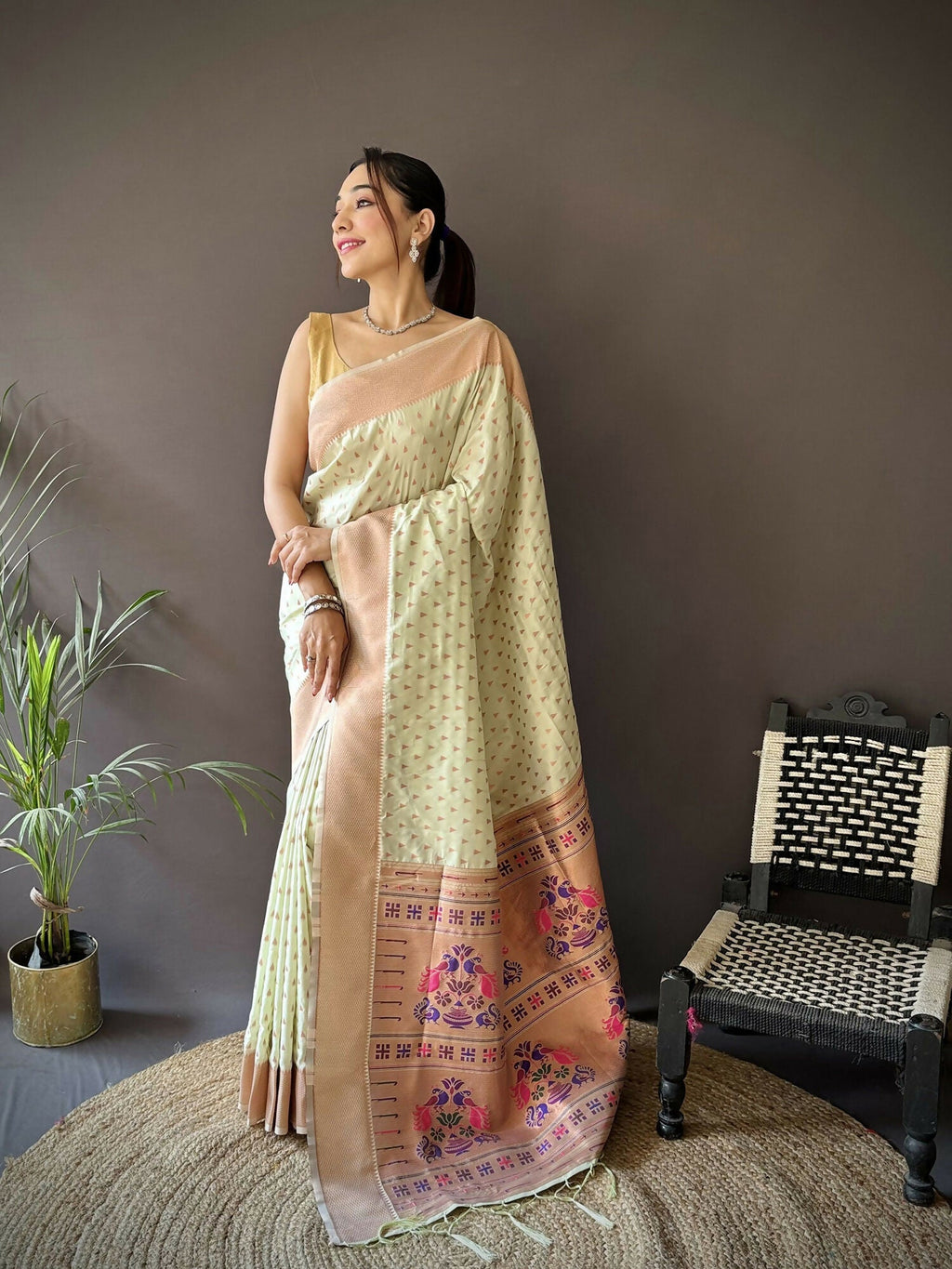 Joban Fashion Beige Jacquard Butti Soft Lichi Silk Paithani Saree | Grocsy
