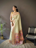 Joban Fashion Beige Jacquard Butti Soft Lichi Silk Paithani Saree | Grocsy