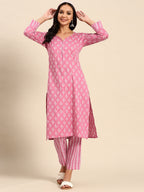 Sangria Women Floral Printed Regular Pure Cotton Kurta with Trousers | Grocsy