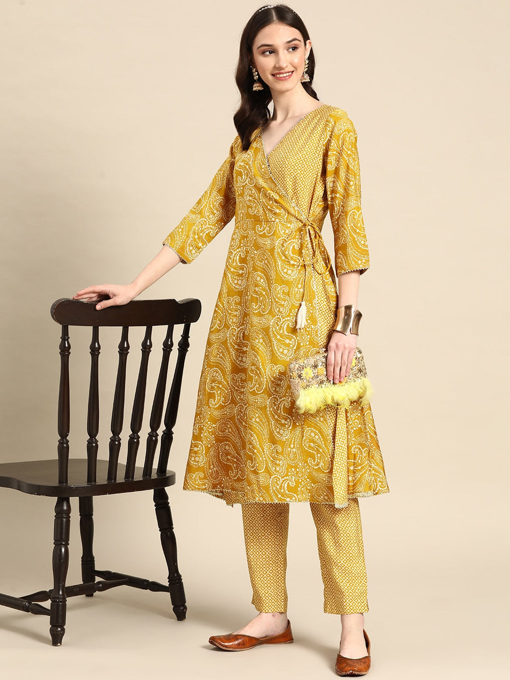 Sangria Women Mustard Yellow Ethnic Motifs Printed Angrakha Gotta Patti Kurta with Trousers | Grocsy