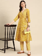 Sangria Women Mustard Yellow Ethnic Motifs Printed Angrakha Gotta Patti Kurta with Trousers | Grocsy