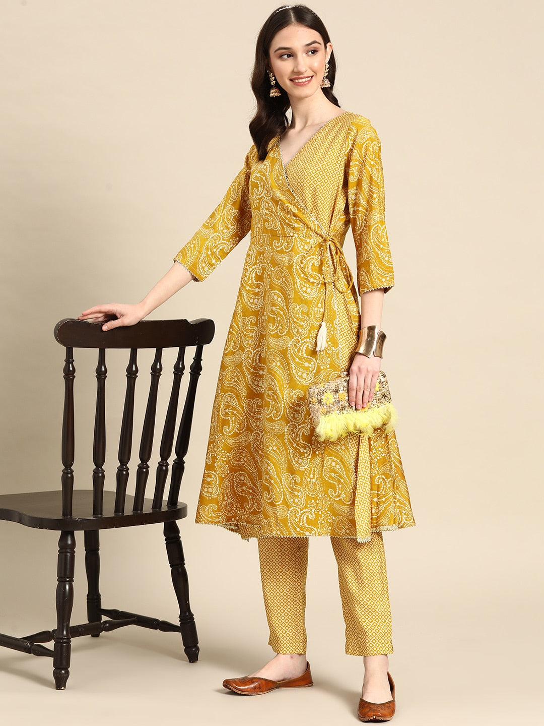 Sangria Women Mustard Yellow Ethnic Motifs Printed Angrakha Gotta Patti Kurta with Trousers | Grocsy