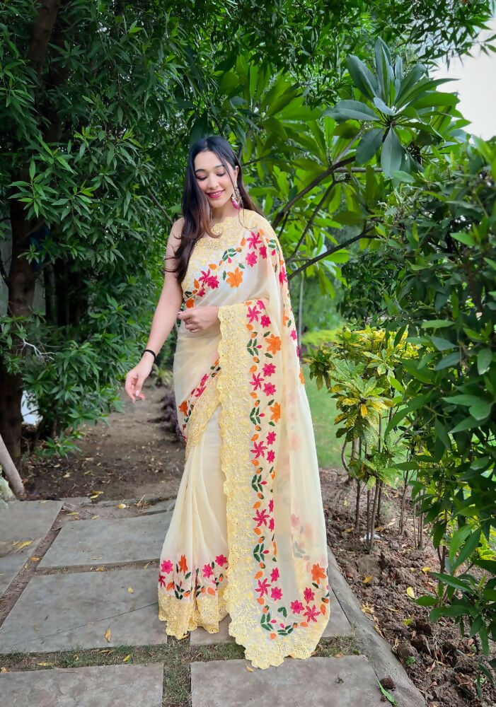 Vamsee Jimmy Yellow Georgette Saree | Grocsy
