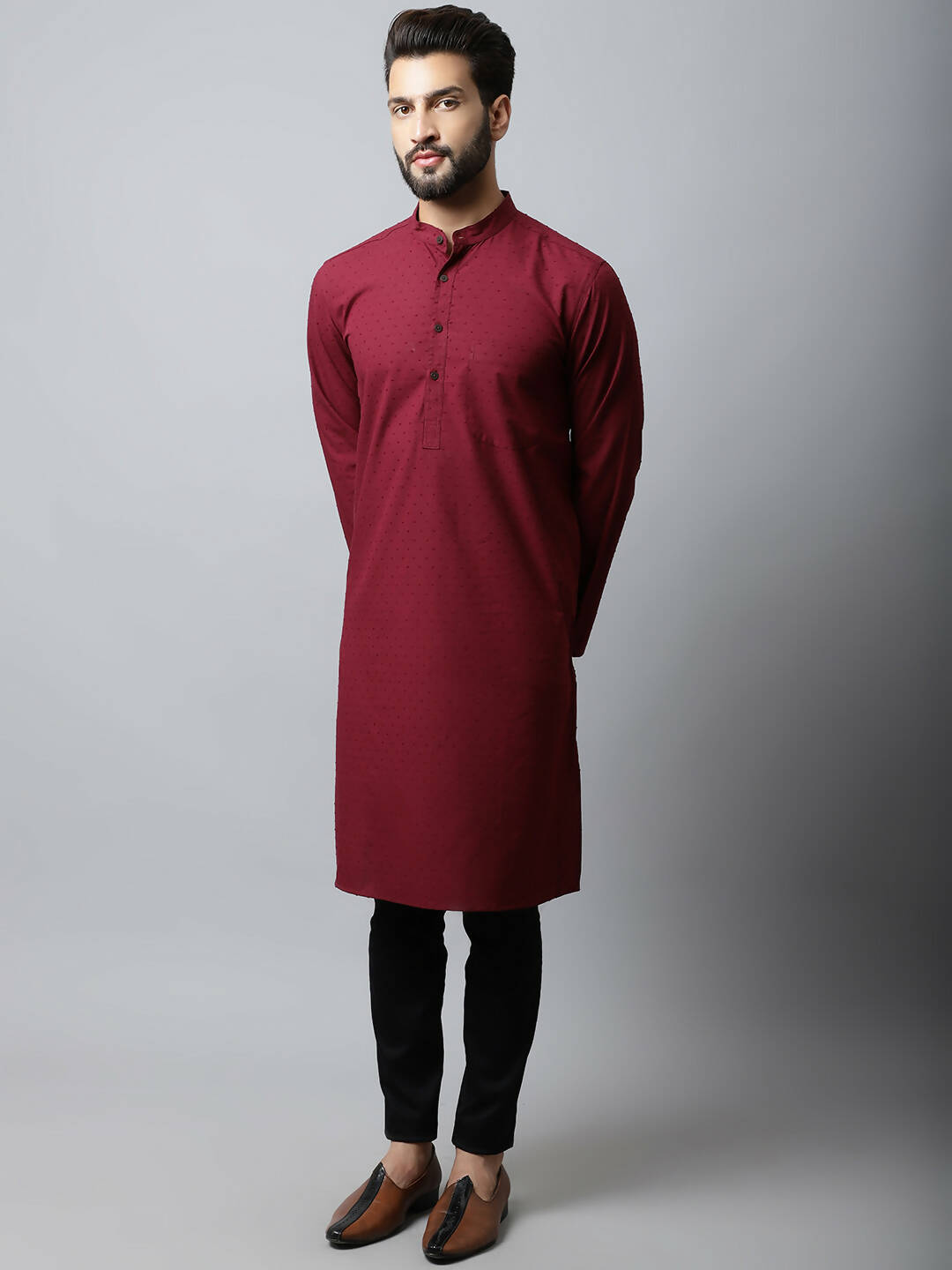 Even Apparels Maroon Color Linen Pure Cotton Men's Kurta With Side Placket (SLD1182) | Grocsy