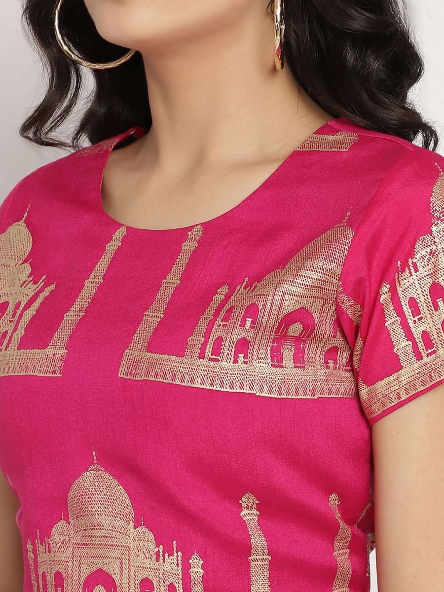 Ahalyaa Women's Pink Poly Silk Gold Foil Print Top With Skirt | Grocsy