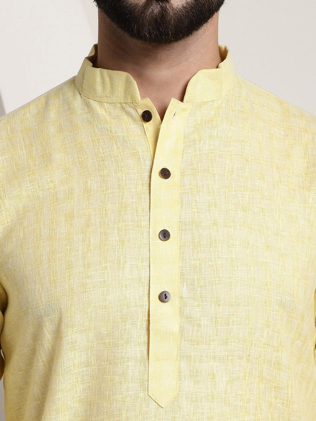 Sojanya Men Yellow Dobby Self-Checked Straight Kurta | Grocsy