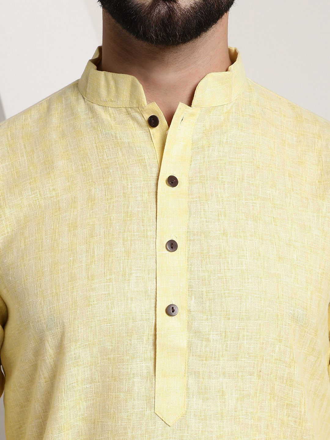 Sojanya Men Yellow Dobby Self-Checked Straight Kurta | Grocsy