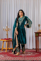 Joban Fashion Deep teal Velvet Embroidery Kurta Set | Grocsy