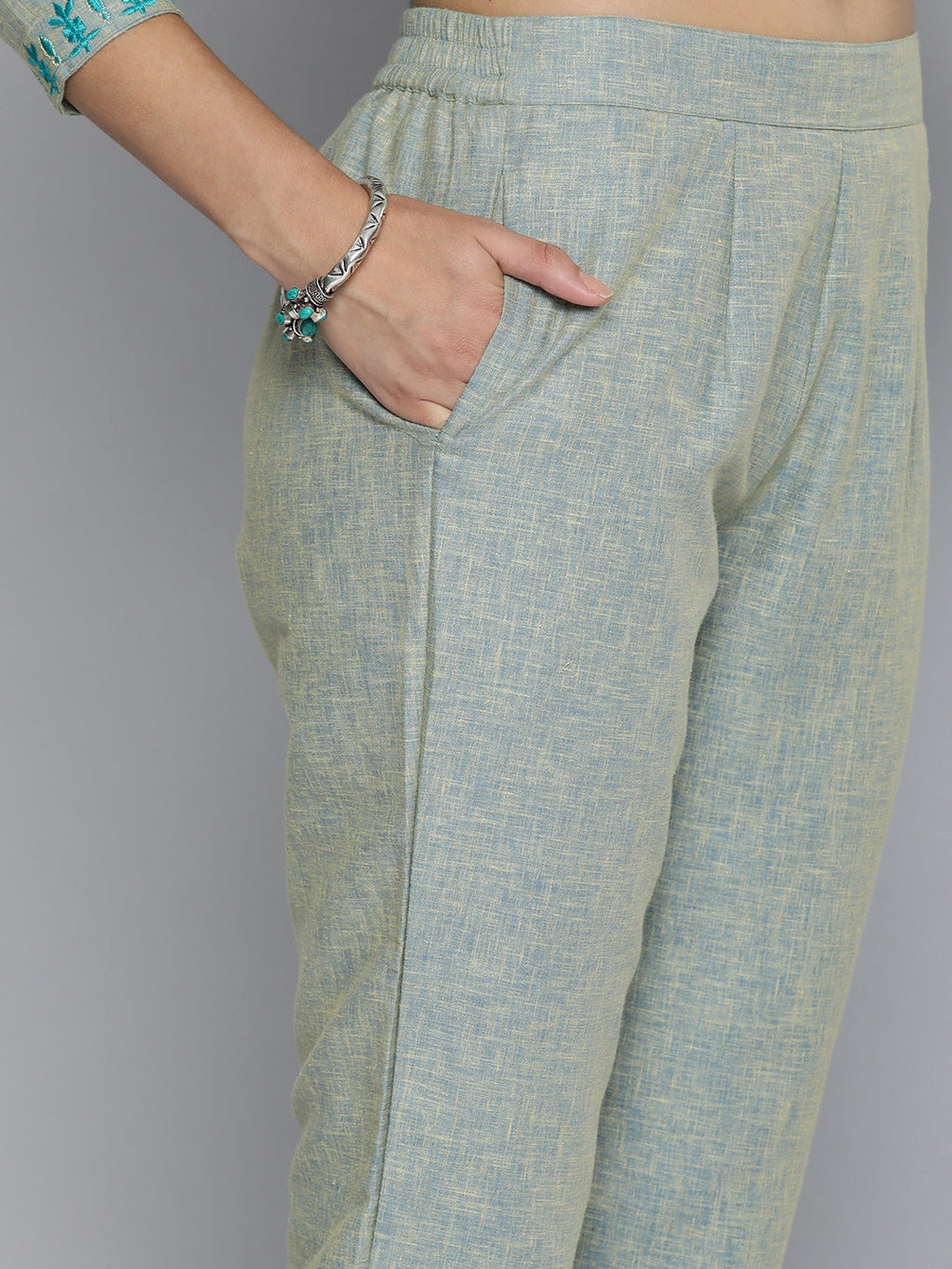 HERE&NOW Grey & Blue Embroidered Cotton Kurta with Trousers & With Dupatta | Grocsy