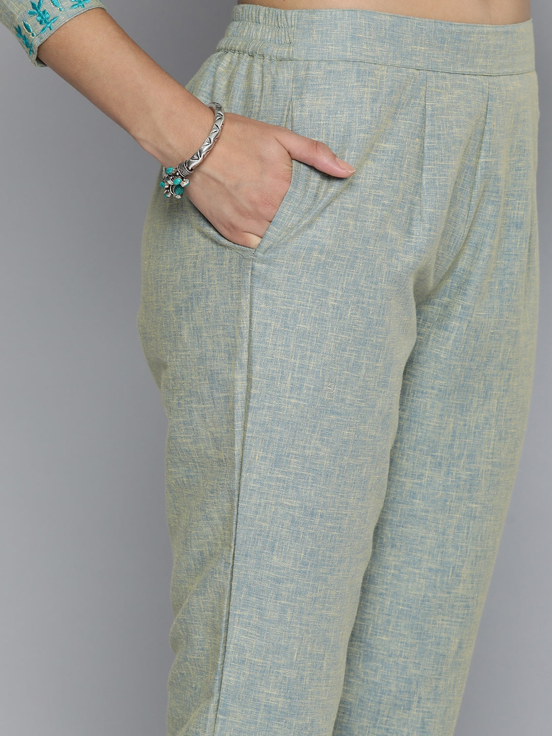 HERE&NOW Grey & Blue Embroidered Cotton Kurta with Trousers & With Dupatta | Grocsy