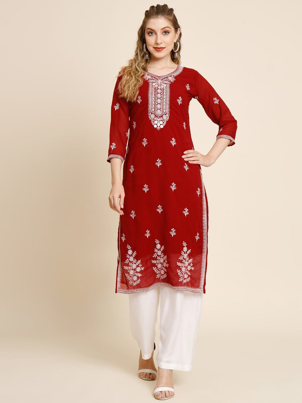 HERE&NOW Women Floral Embroidered Thread Work Georgette Kurta | Grocsy
