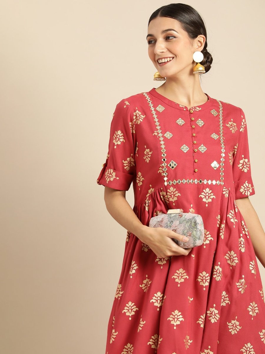 All About You Women Rust & Gold-Toned Ethnic Motifs Printed Mirror Work Kurta | Grocsy