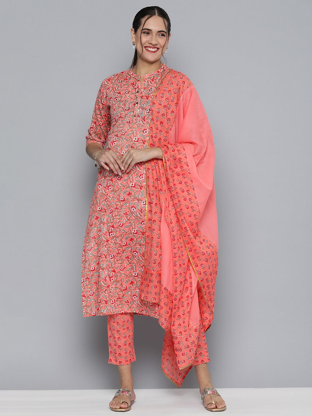 HERE&NOW Women Pink Floral Printed Pure Cotton Kurta with Trousers & With Dupatta | Grocsy