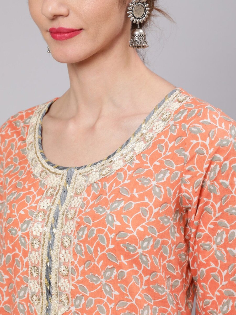 Aks Floral Printed Round Neck Cotton Straight Kurta | Grocsy