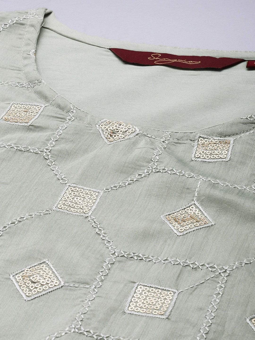 Sangria Women Grey Ethnic Motifs Embroidered Regular Sequinned Chanderi Silk Kurta with Palazzos & With | Grocsy
