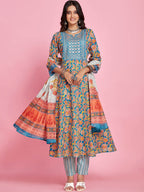 Sangria Blue Floral Printed Thread Work A-Line Kurta & Trouser With Dupatta | Grocsy