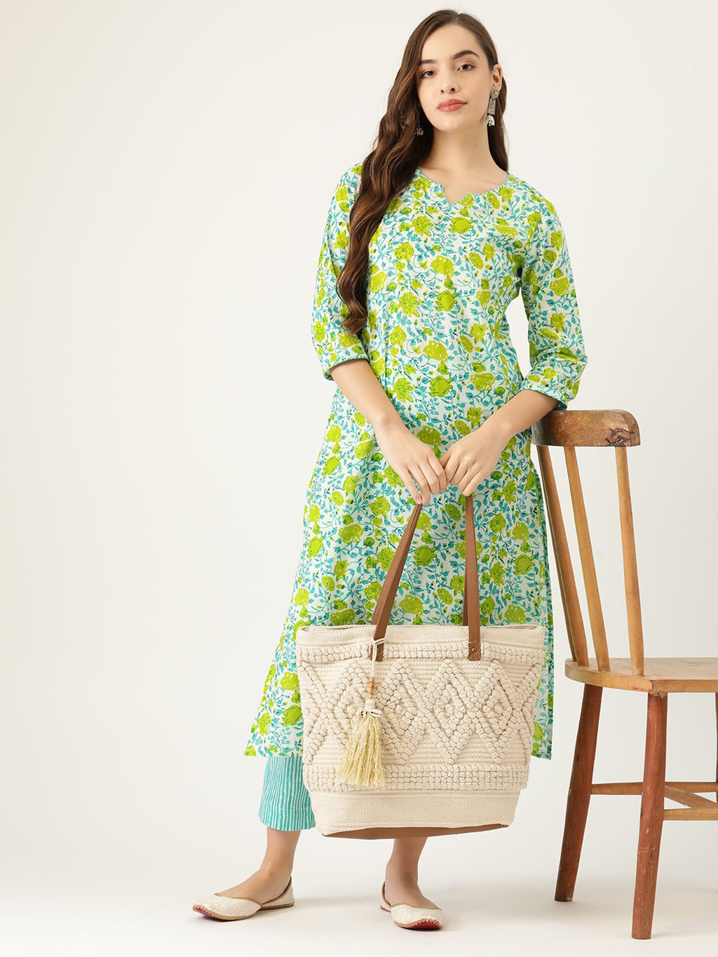 Sangria Women Blue & Yellow Floral Printed Pure Cotton Kurta with Trousers | Grocsy