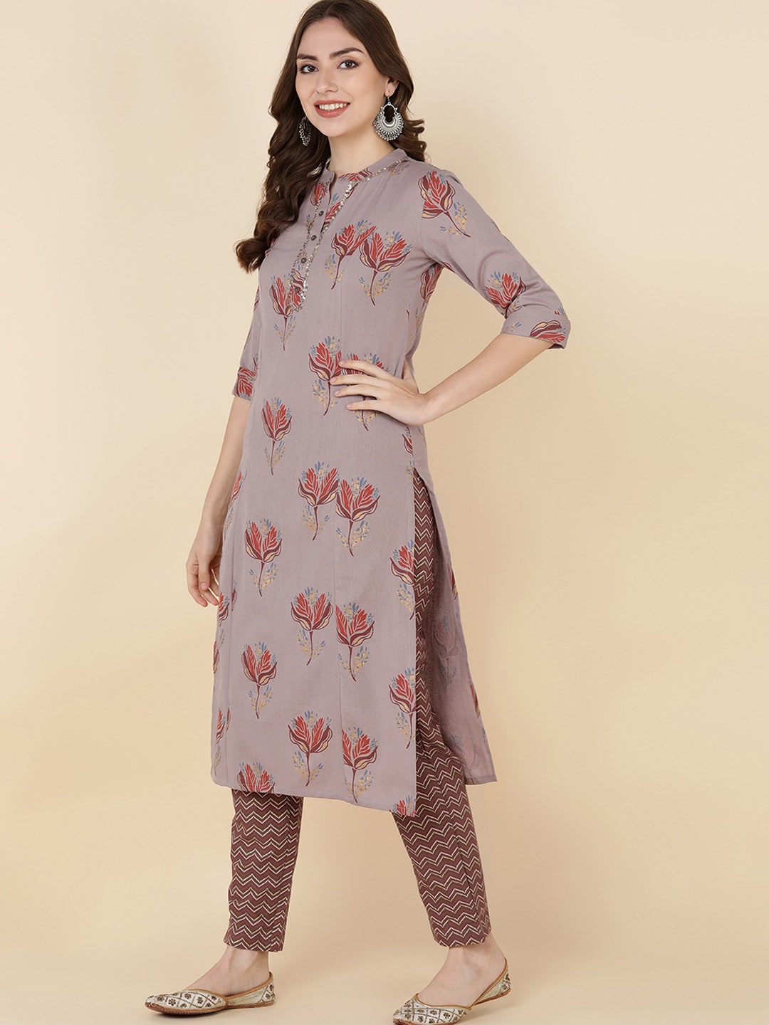 HERE&NOW Women Coffee Brown Floral Embroidered Straight Kurta With Trousers | Grocsy