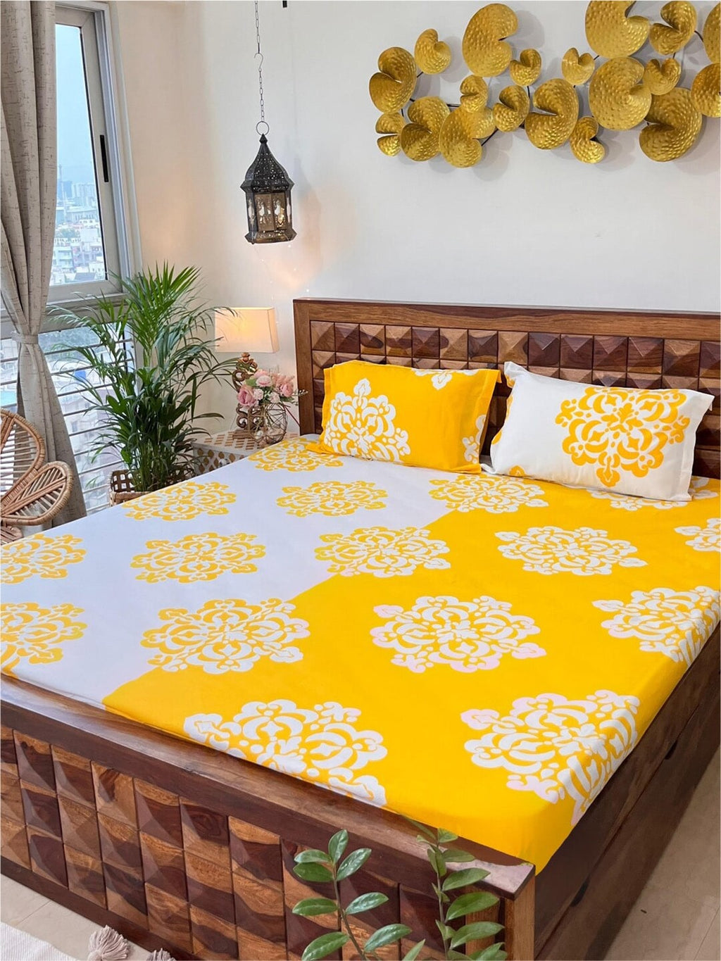 URBAN SPACE Divine White Ethnic Motifs 144 TC Cotton Queen Bedsheet & 2 Pillow Covers | Grocsy