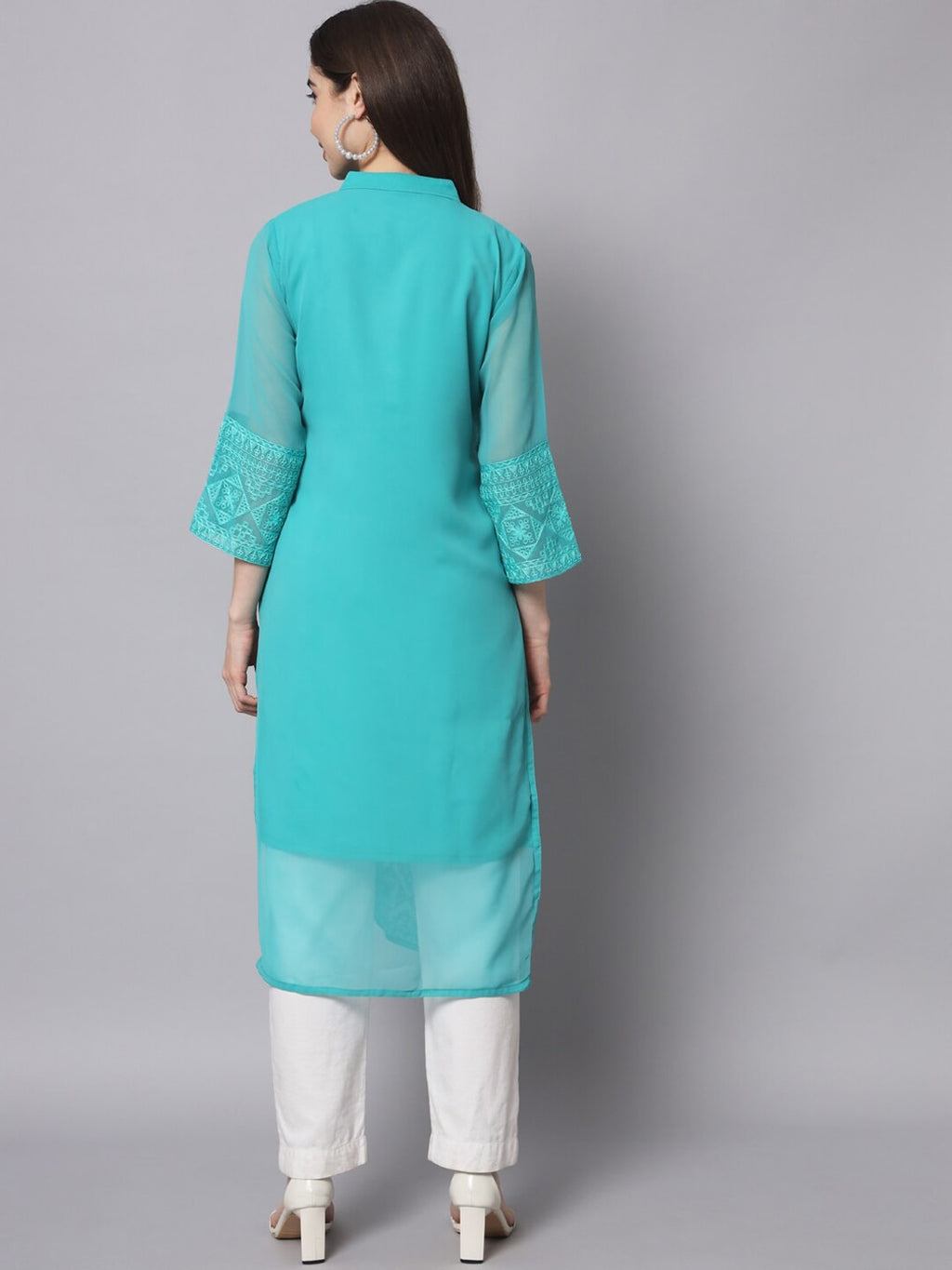 HERE&NOW Women Turquoise Blue Ethnic Motifs Embroidered Thread Work Georgette Kurta | Grocsy