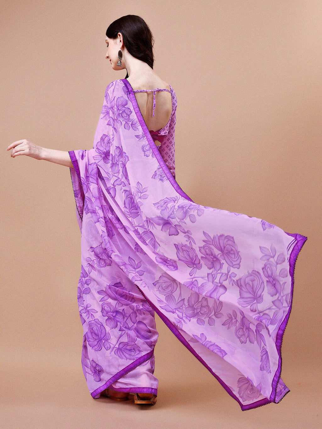 Sangria Purple Floral Printed Pure Chiffon Saree | Grocsy