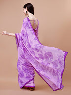 Sangria Purple Floral Printed Pure Chiffon Saree | Grocsy