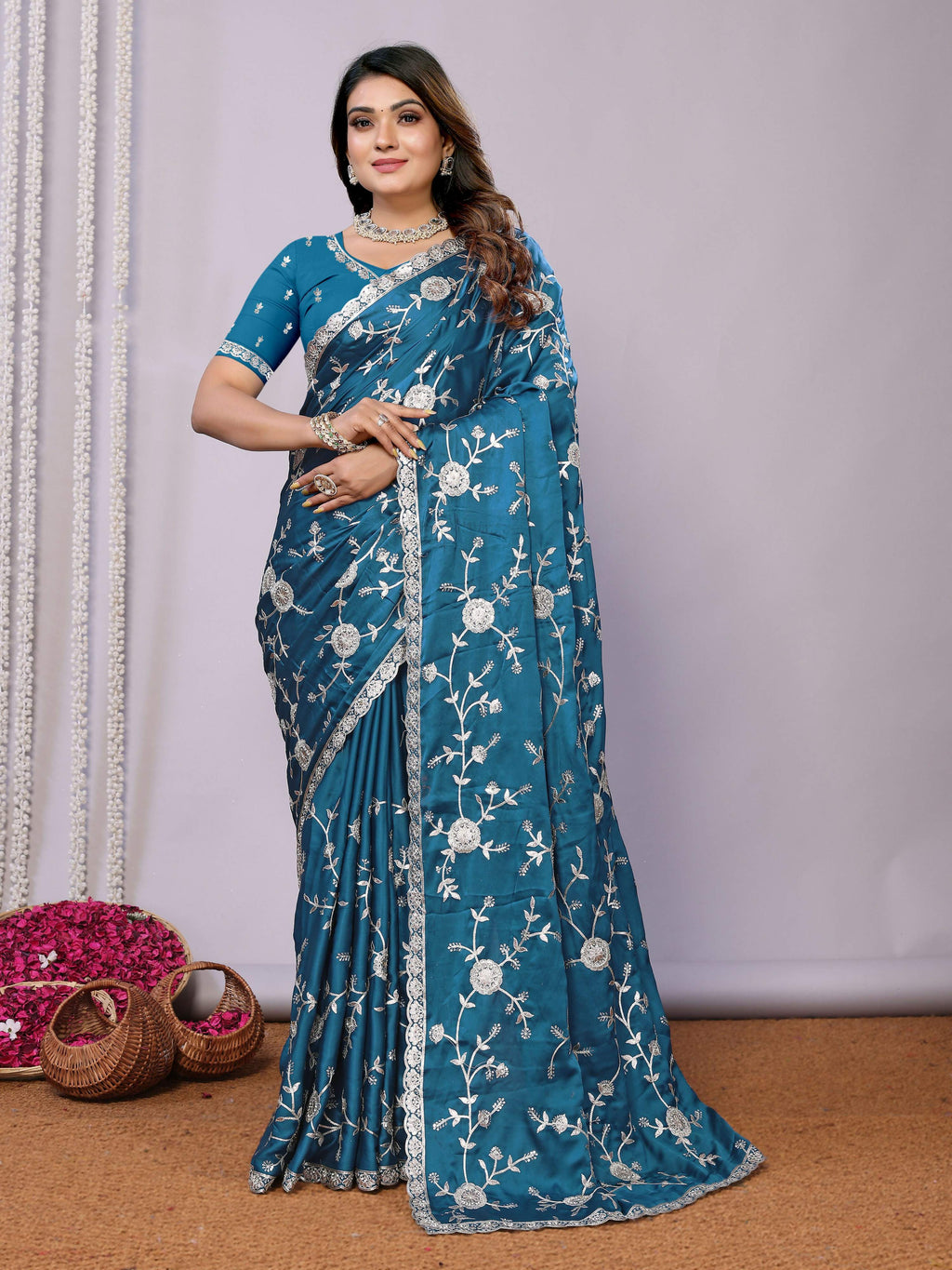 Blue Pure Satin Embroidered Saree With Stitched Blouse - Nimaya Kaksha | Grocsy