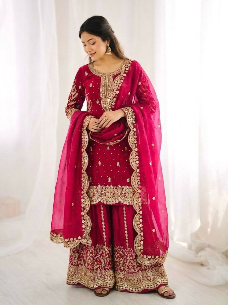 Teeya Creation Rani Color Fendy Silk Embroidery Work Wedding Wear Salwar Suit | Grocsy