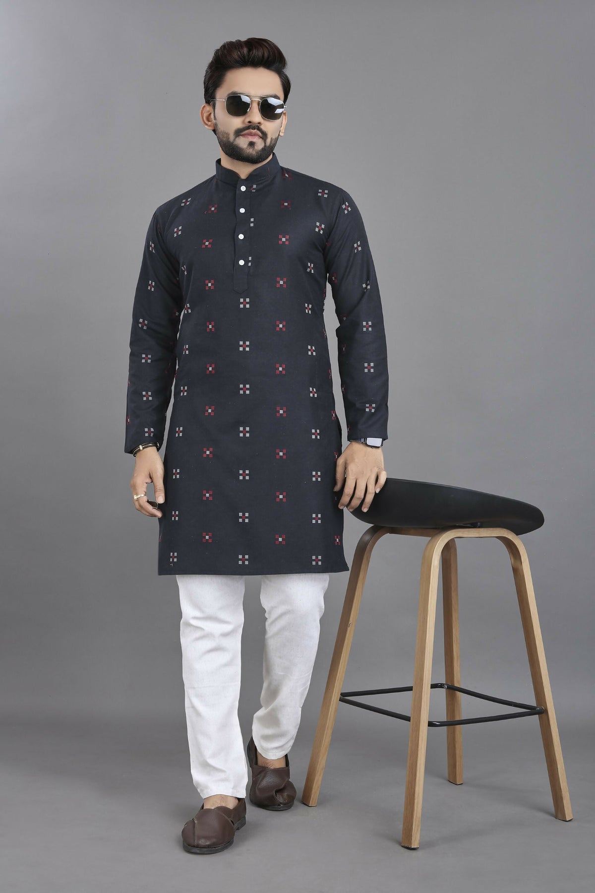 Anaita Navy Blue Weaving Linen Cotton Straight Kurta | Grocsy