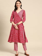 Sangria Women Fuchsia Ethnic Motifs Printed Angrakha Gotta Patti Kurta with Trousers | Grocsy