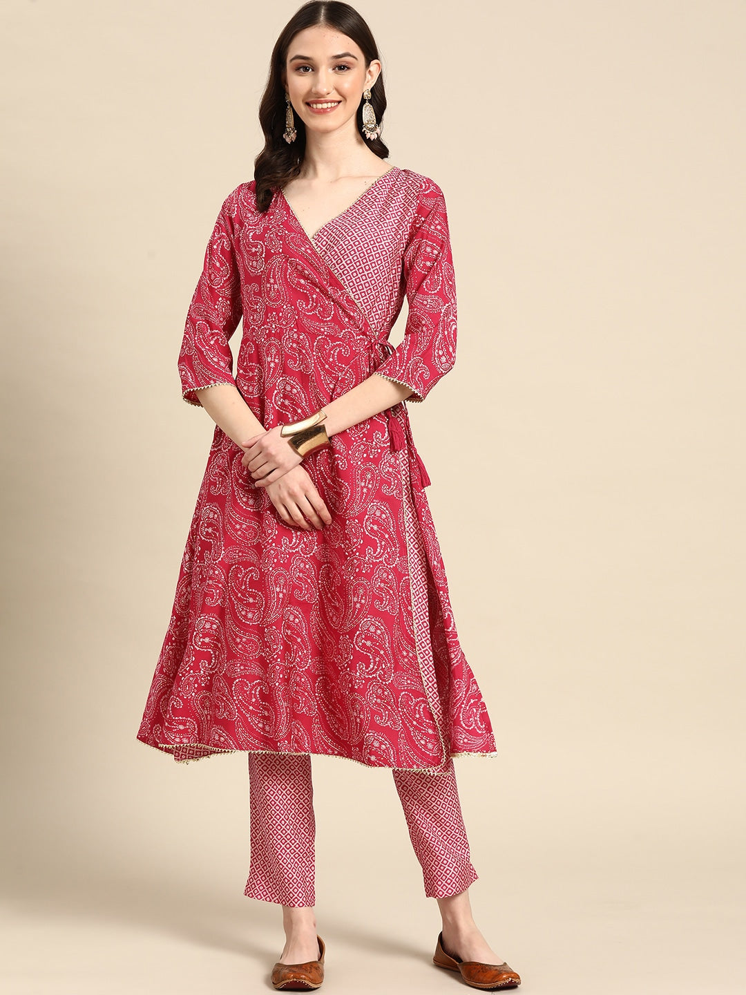 Sangria Women Fuchsia Ethnic Motifs Printed Angrakha Gotta Patti Kurta with Trousers | Grocsy